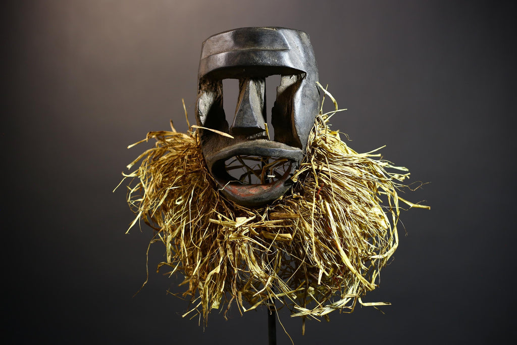 African Hand-Carved Dan Mask with Raffia | Unique Cultural Face Decor | Ethnic Home Accent | Stunning Tribal Wall Art | Artisan Craft -G4819