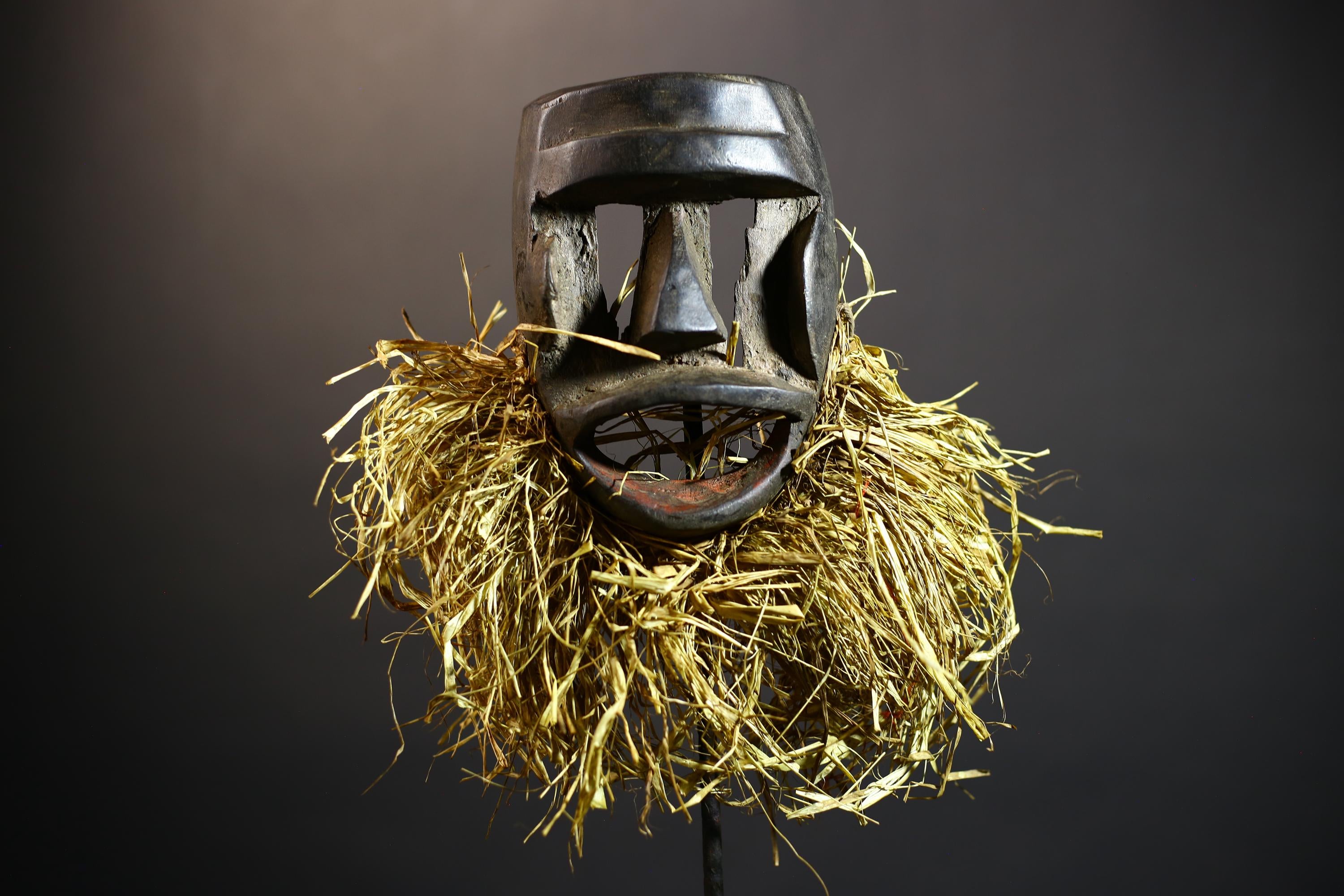 African Hand-Carved Dan Mask with Raffia | Unique Cultural Face Decor | Ethnic Home Accent | Stunning Tribal Wall Art | Artisan Craft -G4819