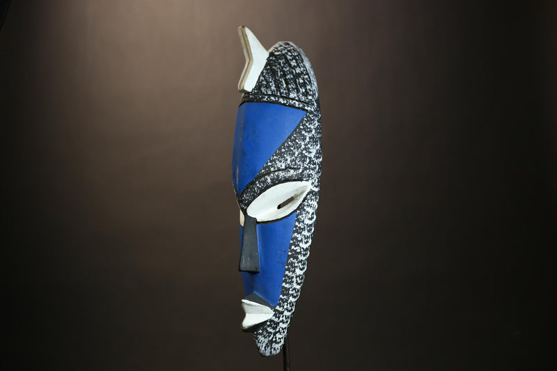 African Mask Art | Special Handmade Traditional Blue White Wooden Decor | Unique Ethnic Wall Sculpture for Cultural Home Decoration-6117