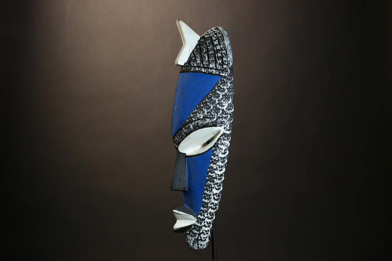 African Mask Art | Special Handmade Traditional Blue White Wooden Decor | Unique Ethnic Wall Sculpture for Cultural Home Decoration-6117