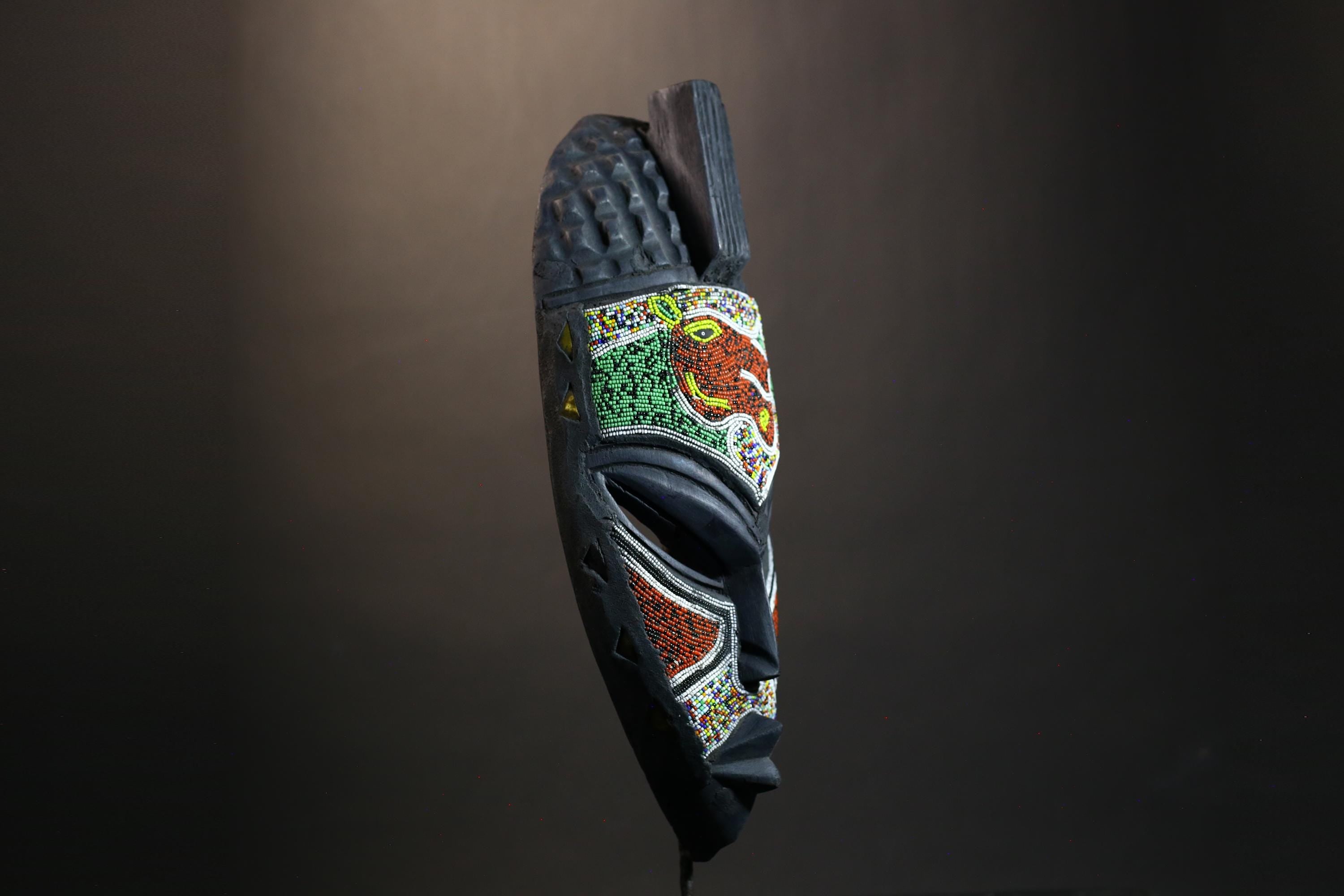 African Mask Ghanaian Colored Carved Wood Ritual Face Decor | Unique Ethnic Art | Traditional Wall Hanging for Home Decor Lovers-9101