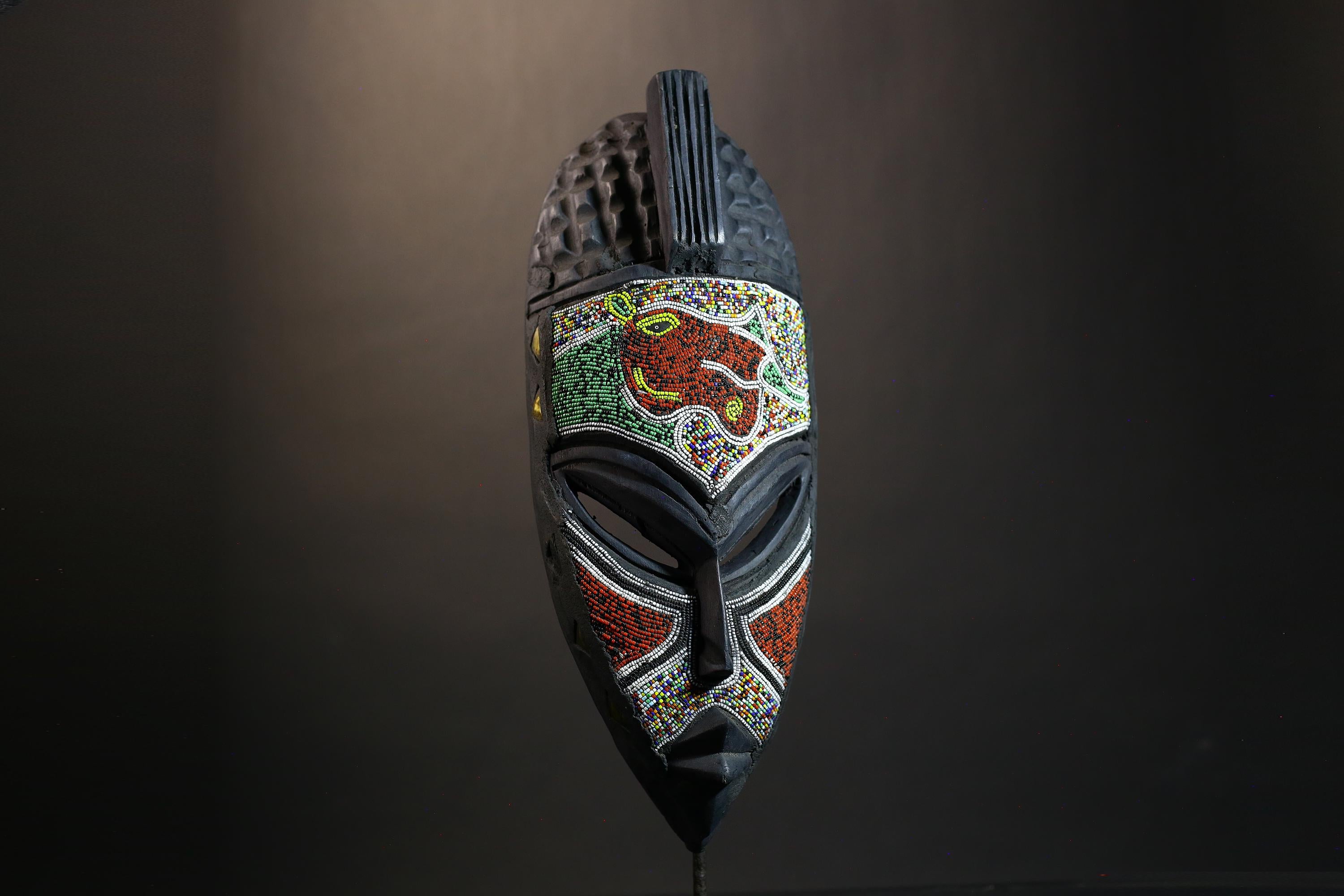 African Mask Ghanaian Colored Carved Wood Ritual Face Decor | Unique Ethnic Art | Traditional Wall Hanging for Home Decor Lovers-9101