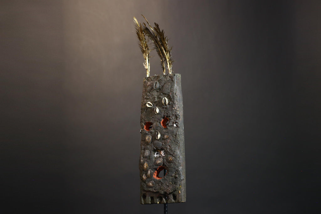 African Tribal Mask Rectangular Cowrie Shell Wood Mask with Feathers West Africa Ritual Art Primitive Folk Decor Sculpture-G1479