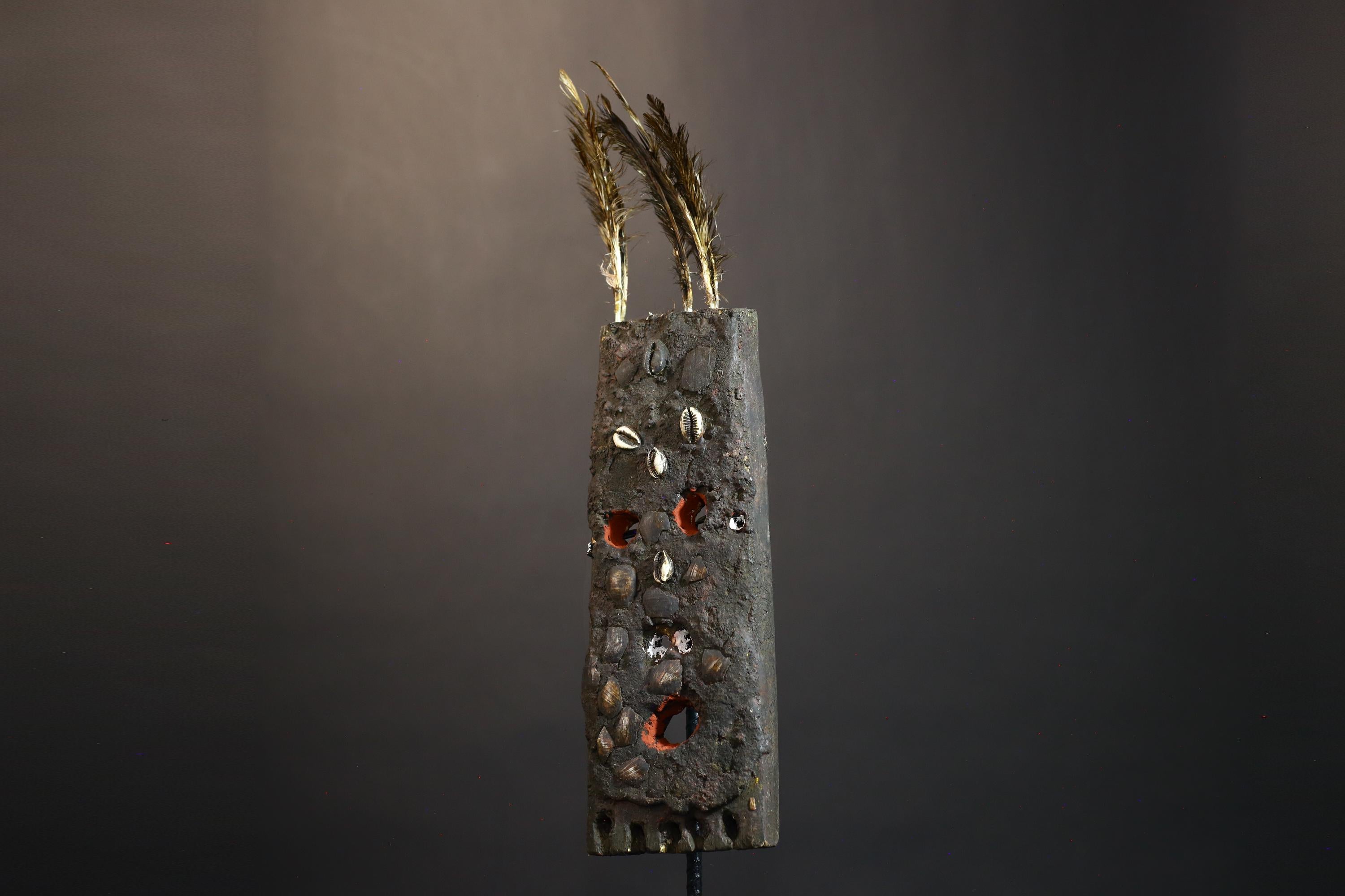 African Tribal Mask Rectangular Cowrie Shell Wood Mask with Feathers West Africa Ritual Art Primitive Folk Decor Sculpture-G1479