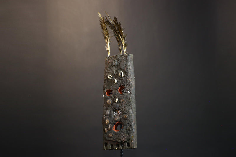 African Tribal Mask Rectangular Cowrie Shell Wood Mask with Feathers West Africa Ritual Art Primitive Folk Decor Sculpture-G1479