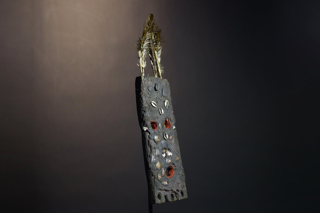 African Tribal Mask Rectangular Cowrie Shell Wood Mask with Feathers West Africa Ritual Art Primitive Folk Decor Sculpture-G1479