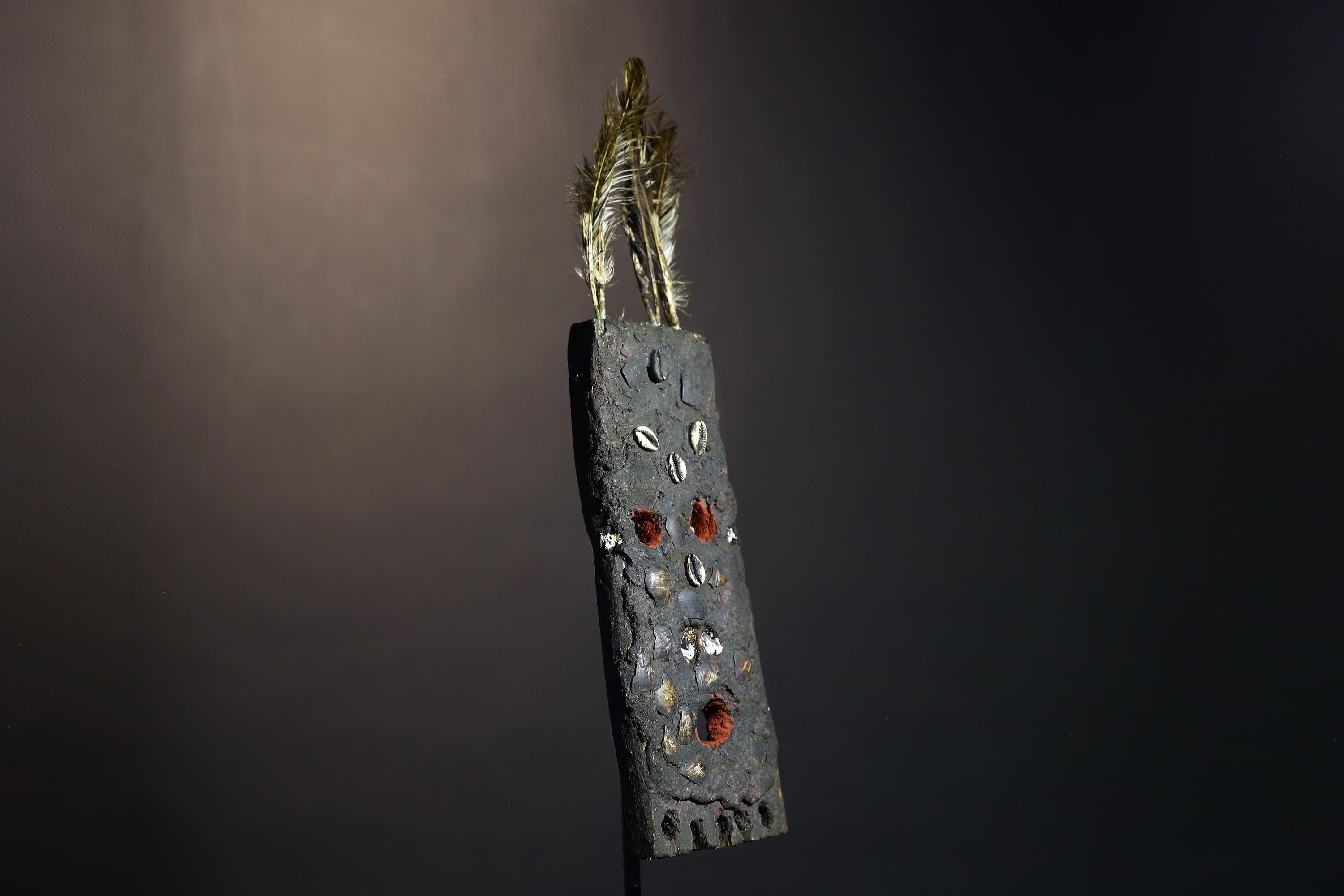 African Tribal Mask Rectangular Cowrie Shell Wood Mask with Feathers West Africa Ritual Art Primitive Folk Decor Sculpture-G1479