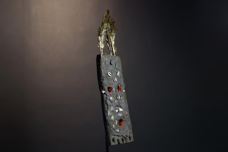 African Tribal Mask Rectangular Cowrie Shell Wood Mask with Feathers West Africa Ritual Art Primitive Folk Decor Sculpture-G1479