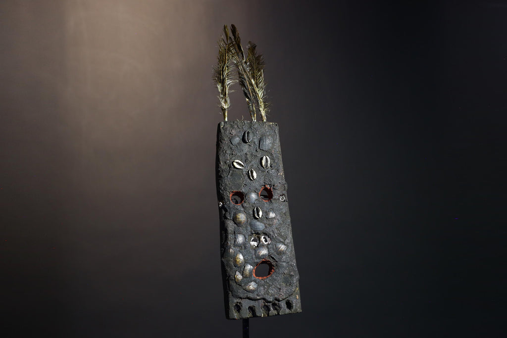 African Tribal Mask Rectangular Cowrie Shell Wood Mask with Feathers West Africa Ritual Art Primitive Folk Decor Sculpture-G1479