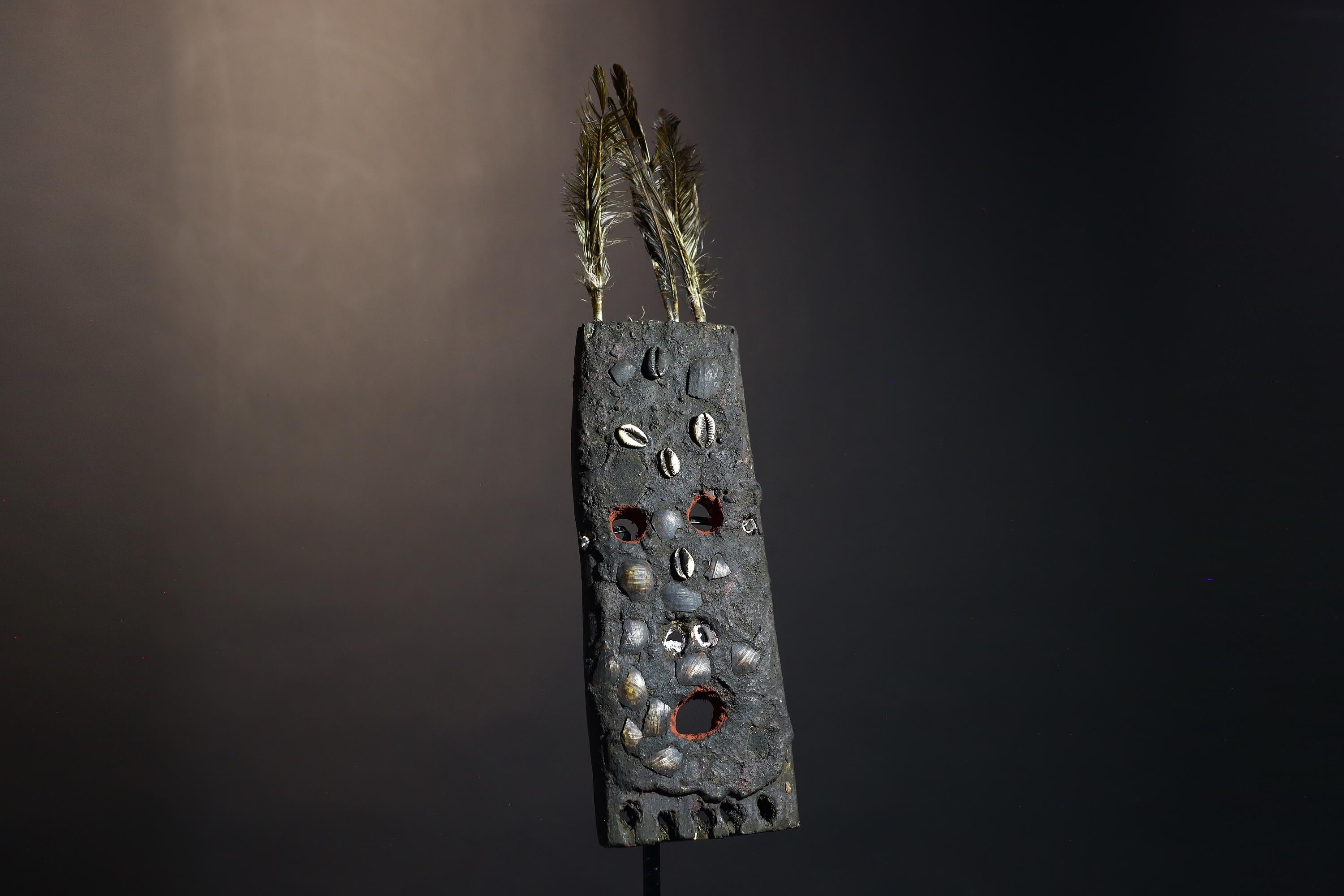 African Tribal Mask Rectangular Cowrie Shell Wood Mask with Feathers West Africa Ritual Art Primitive Folk Decor Sculpture-G1479
