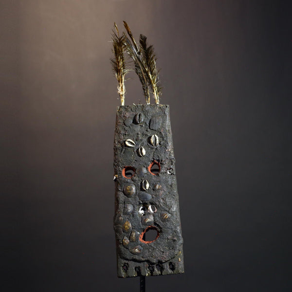 African Tribal Mask Rectangular Cowrie Shell Wood Mask with Feathers West Africa Ritual Art Primitive Folk Decor Sculpture-G1479