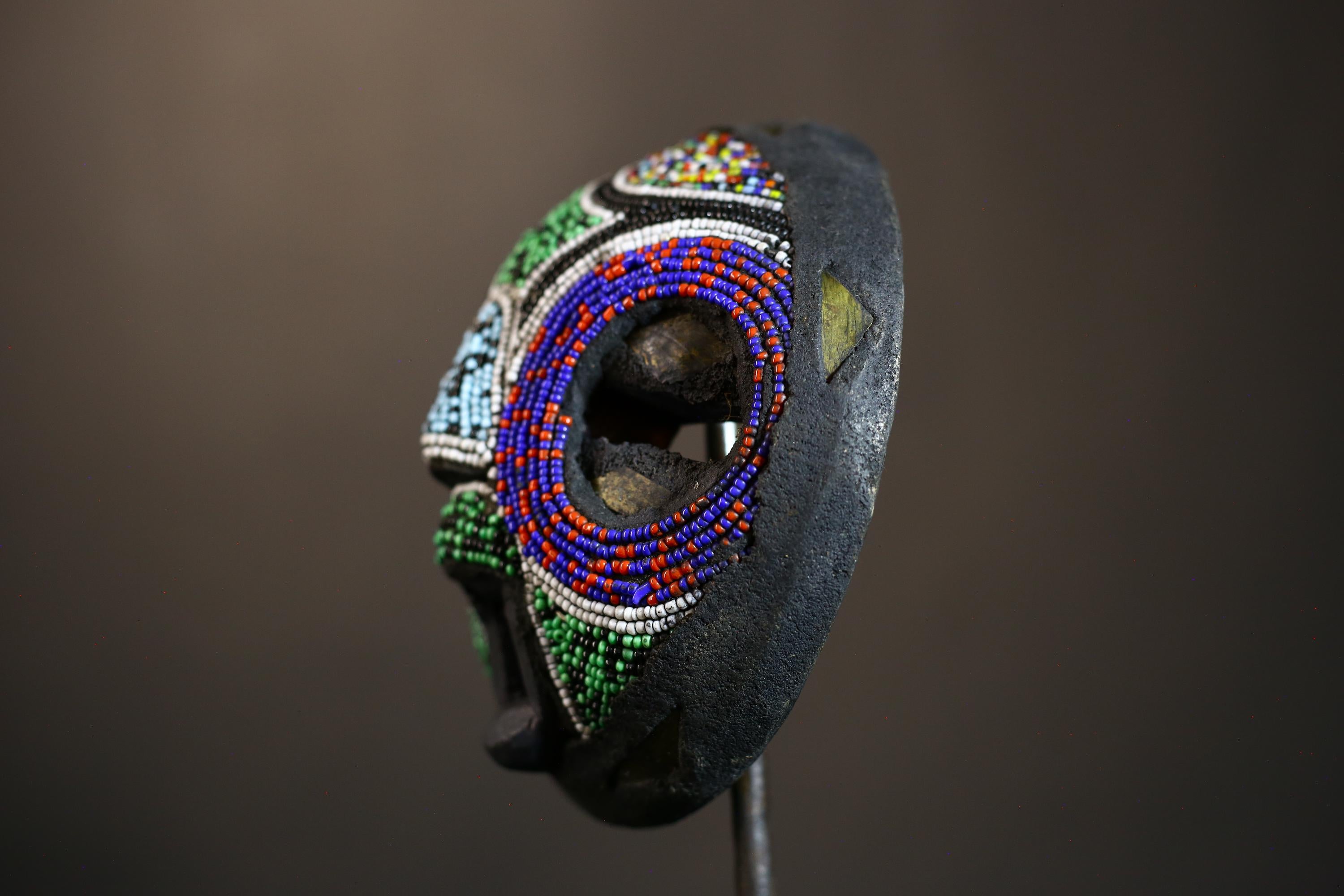 African Recycled Plastic Beaded Wood Mask | Unique Hand Carved Wall Art | Ethnic Decor for Home | Colorful Tribal Mask Display-7958