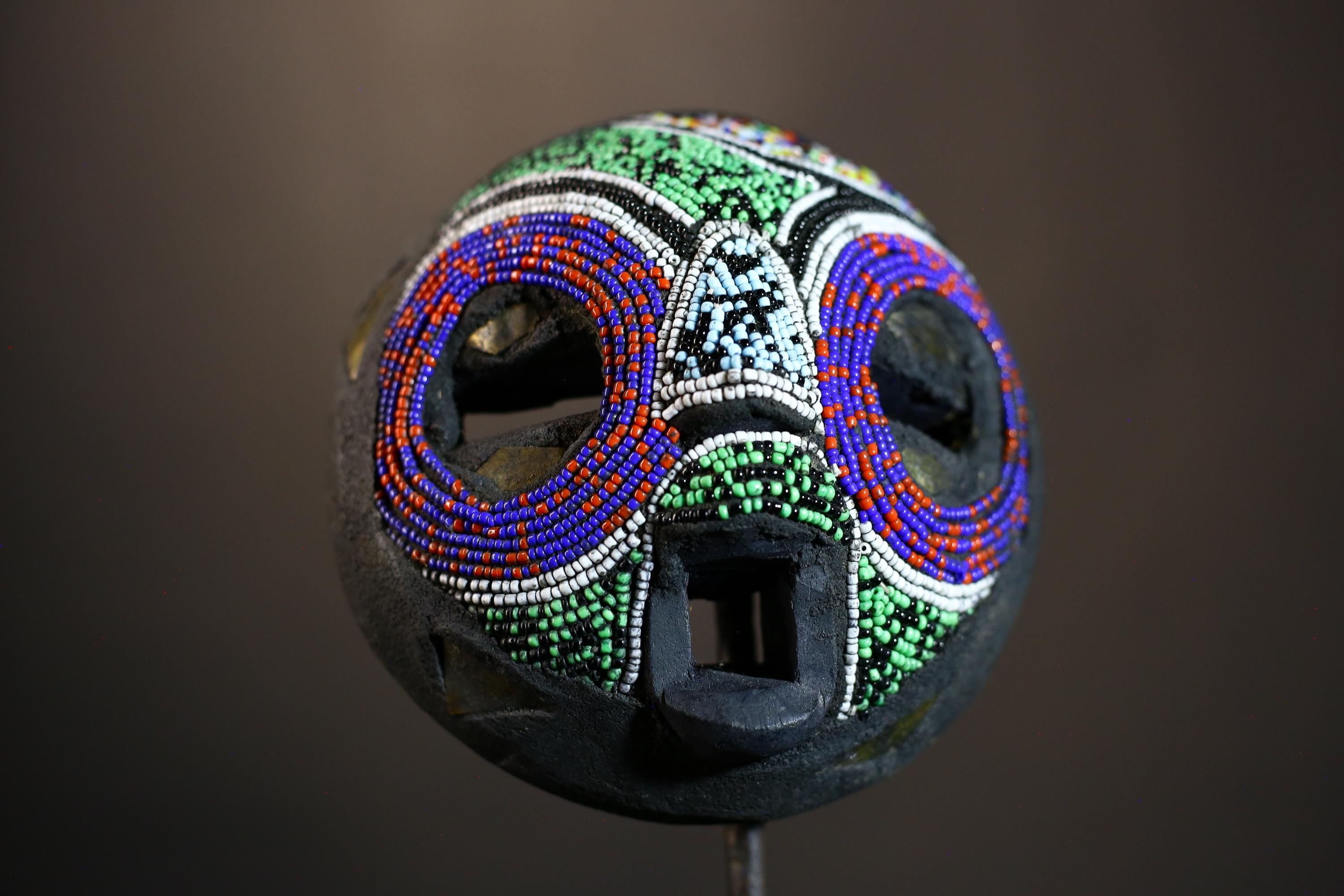 African Recycled Plastic Beaded Wood Mask | Unique Hand Carved Wall Art | Ethnic Decor for Home | Colorful Tribal Mask Display-7958