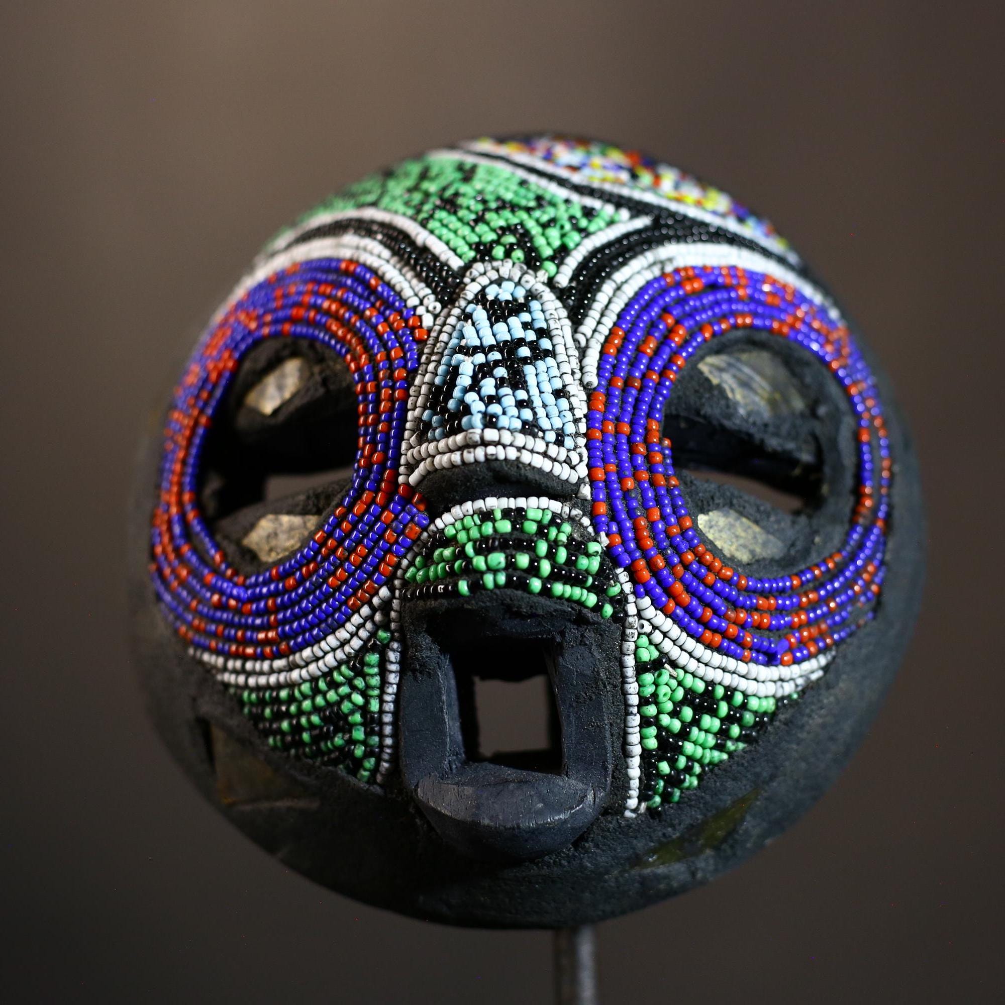African Recycled Plastic Beaded Wood Mask | Unique Hand Carved Wall Art | Ethnic Decor for Home | Colorful Tribal Mask Display-7958