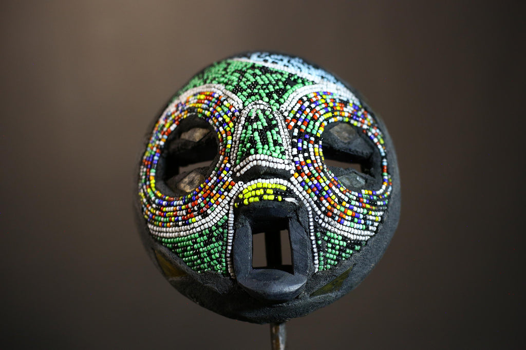African Recycled Plastic Beaded Ghana Bakota Mask Hand Carved Wall Art | Unique Ethnic Decor | Colorful Cultural Art Piece-7960