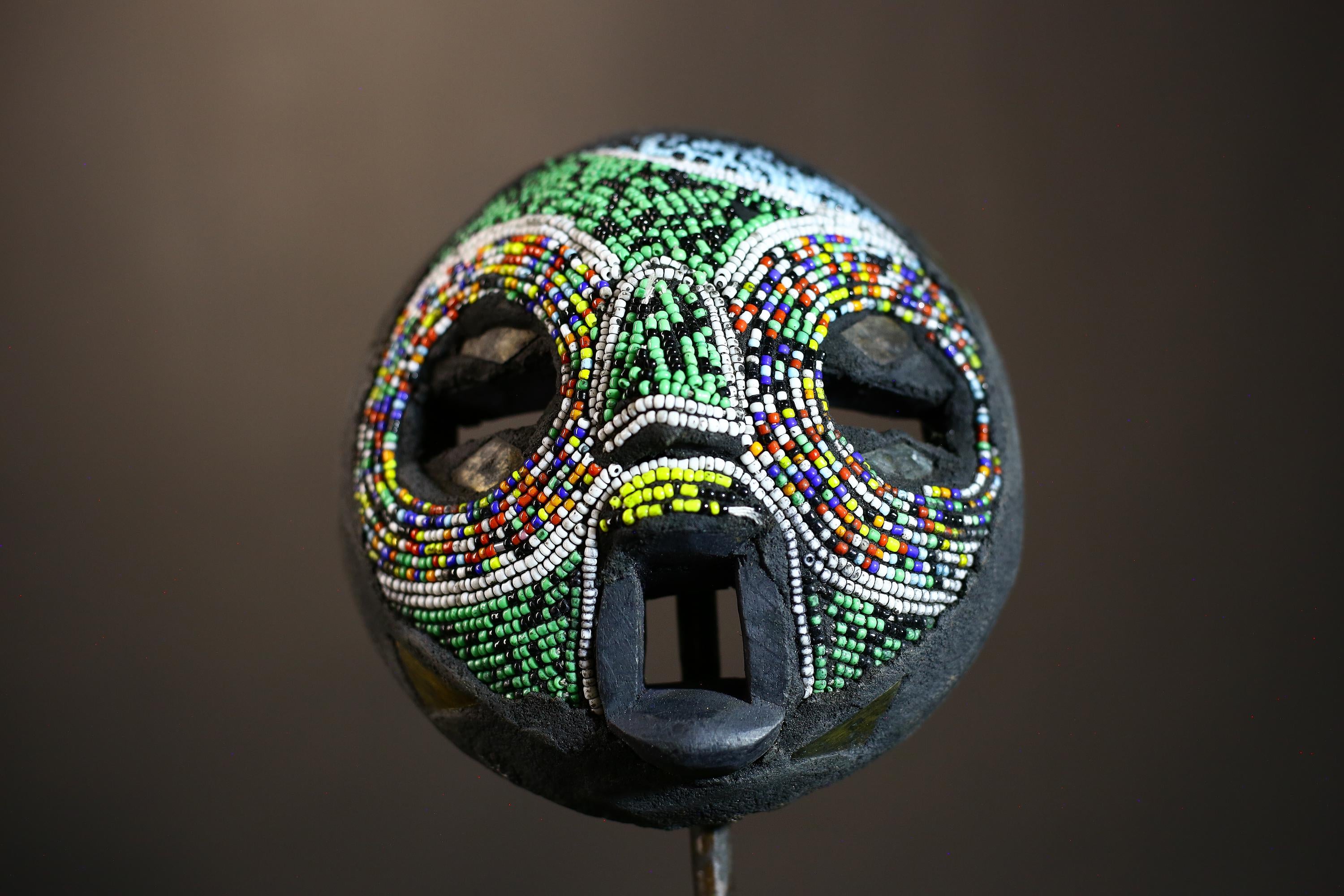 African Recycled Plastic Beaded Ghana Bakota Mask Hand Carved Wall Art | Unique Ethnic Decor | Colorful Cultural Art Piece-7960