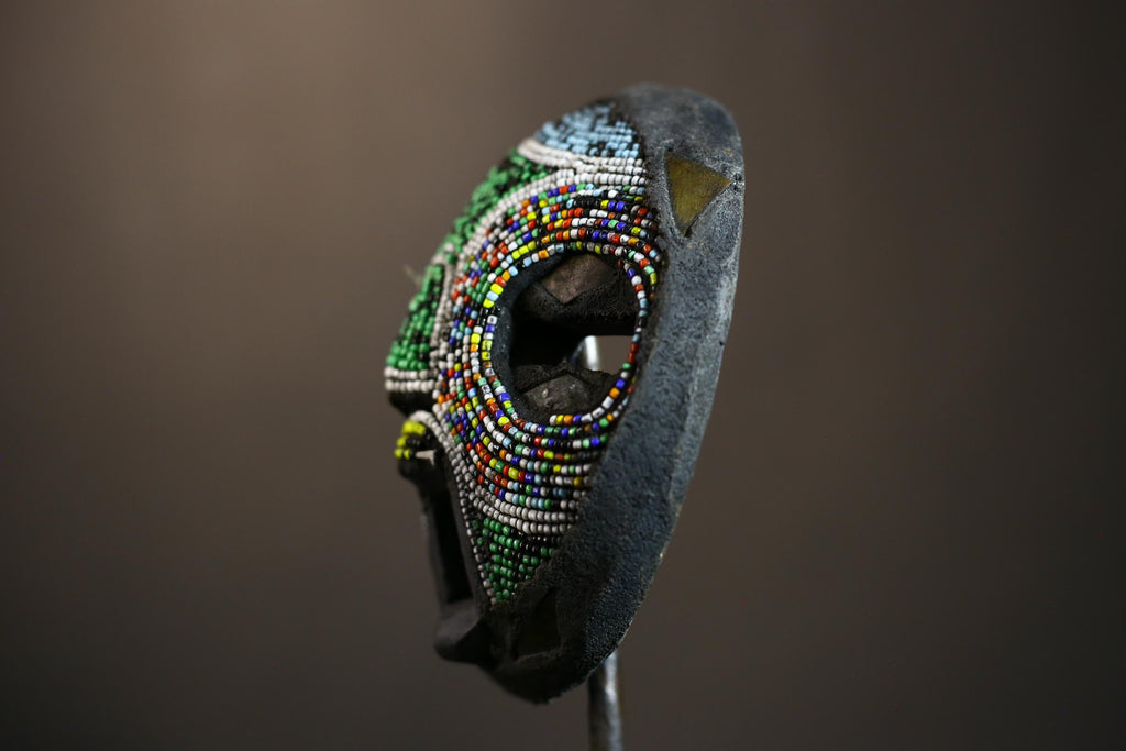 African Recycled Plastic Beaded Ghana Bakota Mask Hand Carved Wall Art | Unique Ethnic Decor | Colorful Cultural Art Piece-7960