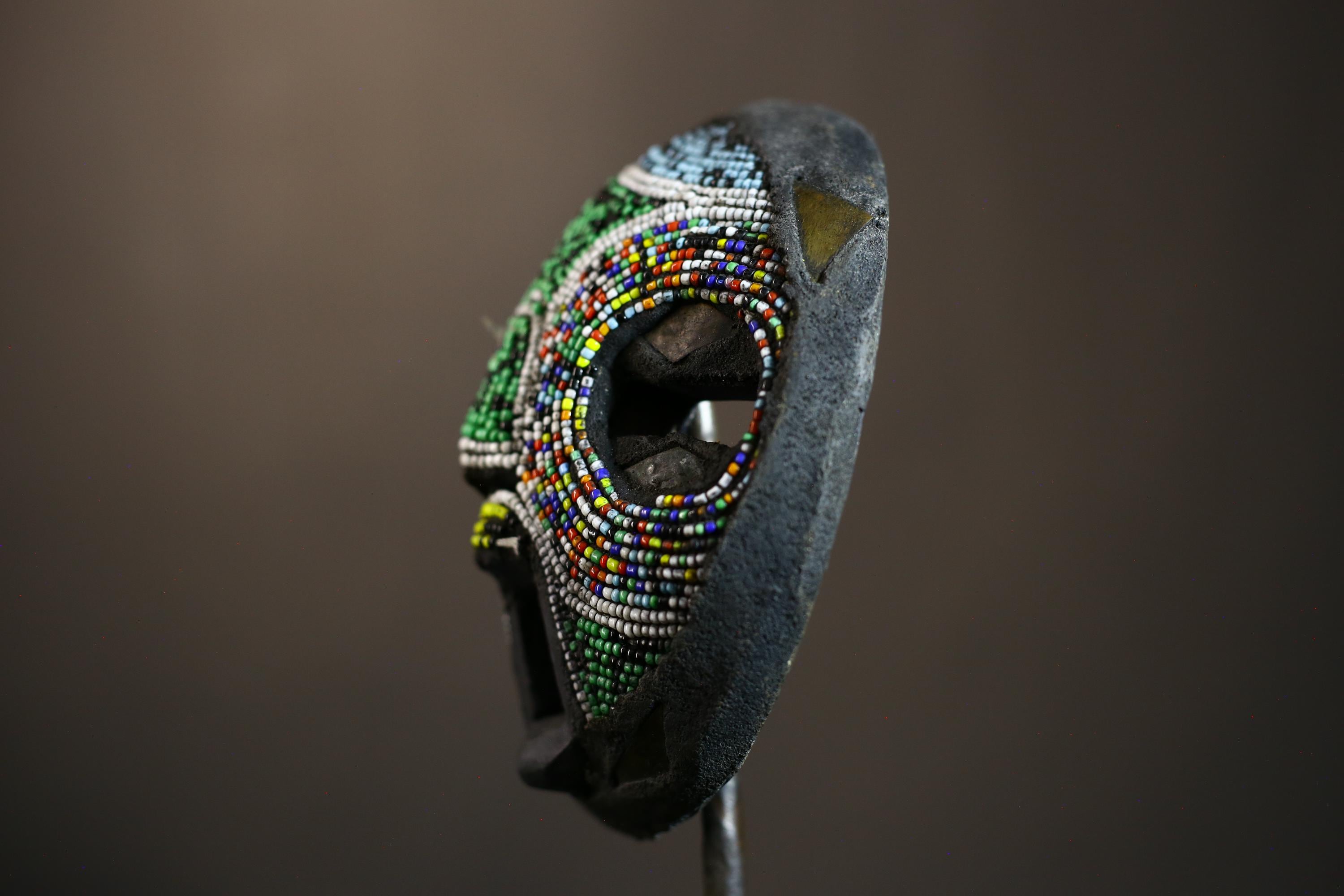 African Recycled Plastic Beaded Ghana Bakota Mask Hand Carved Wall Art | Unique Ethnic Decor | Colorful Cultural Art Piece-7960