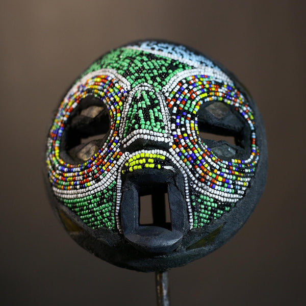 African Recycled Plastic Beaded Ghana Bakota Mask Hand Carved Wall Art | Unique Ethnic Decor | Colorful Cultural Art Piece-7960