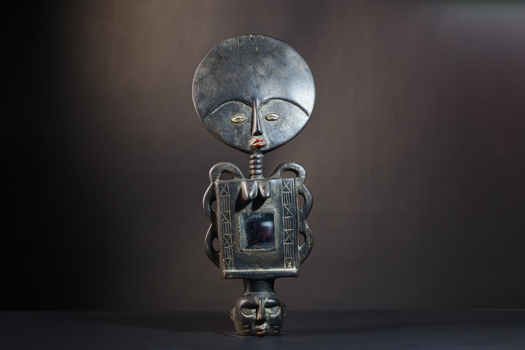 African Tribal Art | Akua'ba Fertility Doll | Ashanti Hand-Carved Figure | Wooden Sculpture | Mirror Decor Accent-G4735