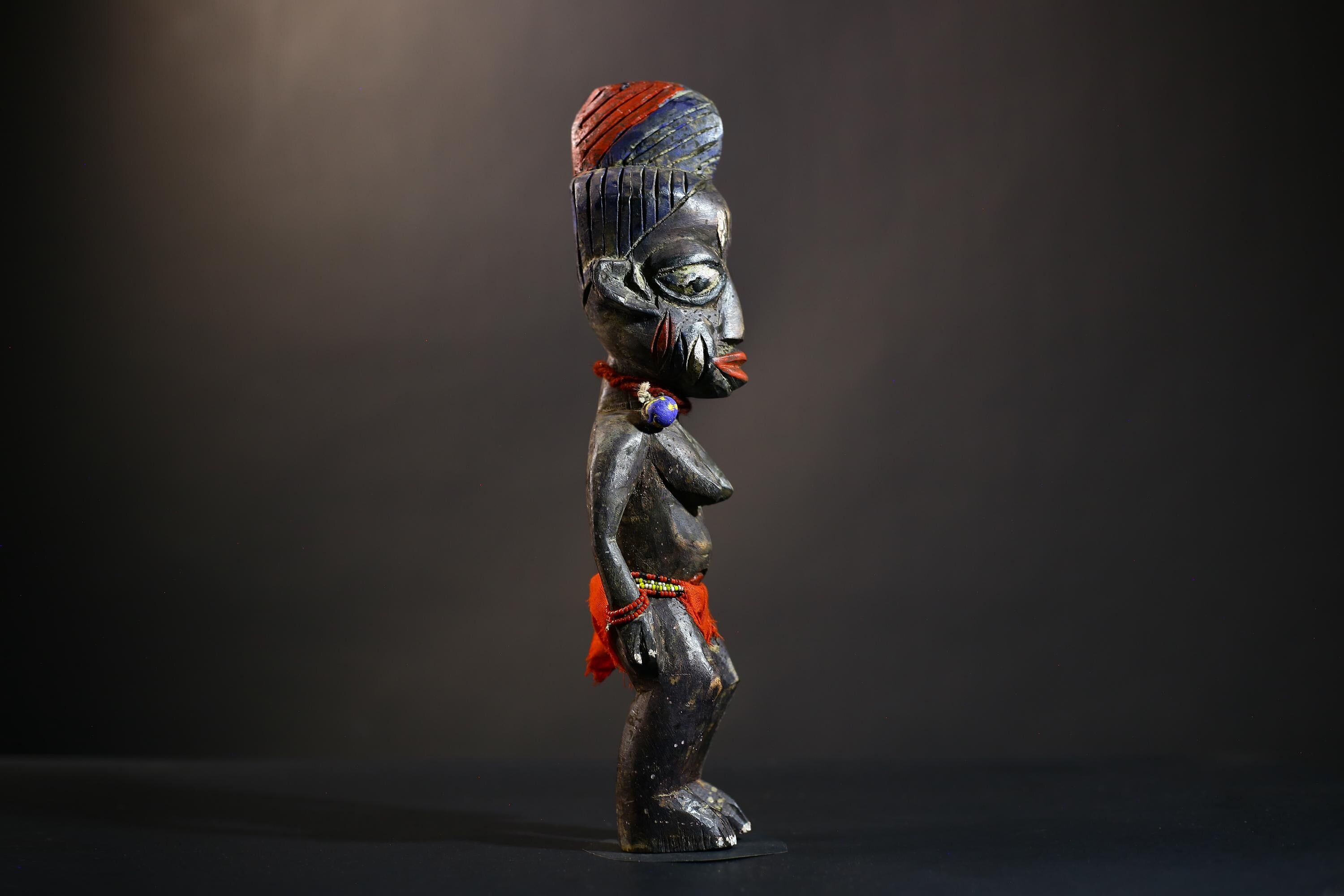 African Yoruba Twin Figures | Adorned Jewelry Art | Oyo Erin Ethnographic Sculpture | Unique Wooden Statue | Cultural Heritage-G4744