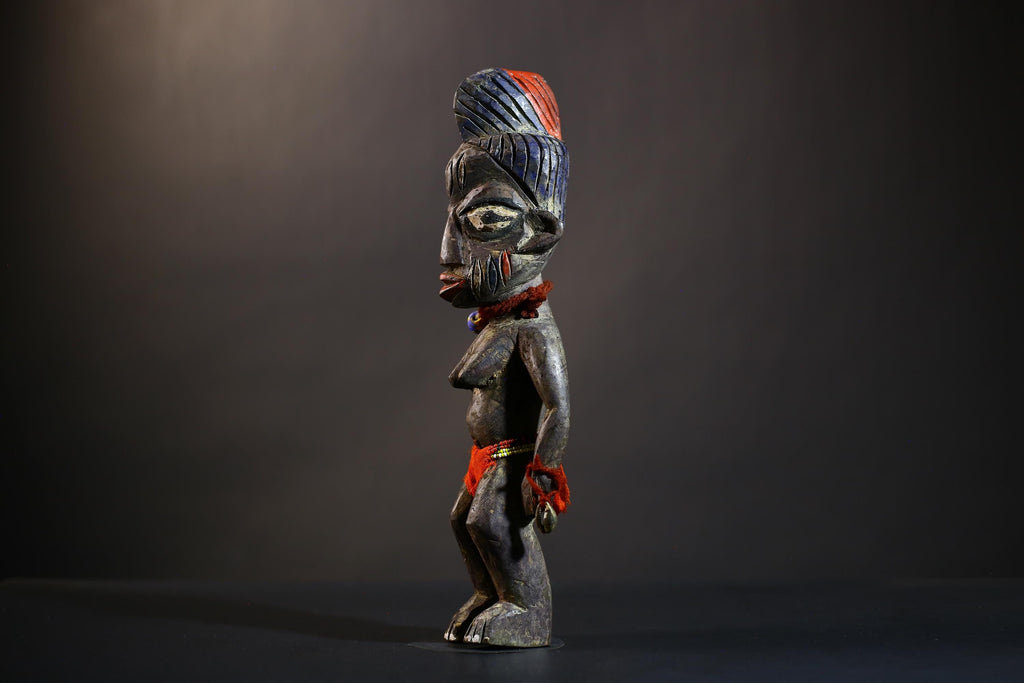 African Yoruba Twin Figures | Adorned Jewelry Art | Oyo Erin Ethnographic Sculpture | Unique Wooden Statue | Cultural Heritage-G4744