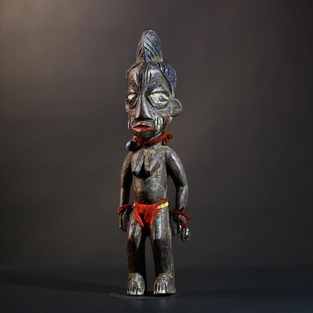 African Yoruba Twin Figures | Adorned Jewelry Art | Oyo Erin Ethnographic Sculpture | Unique Wooden Statue | Cultural Heritage-G4744