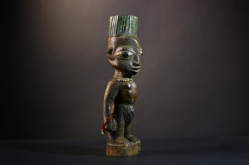 African Yoruba Twin Figure Art | Jewelry Adorned Oyo Sculpture | Ethnographic Decor | Unique Wooden Home Accent | Cultural Heritage-G4743