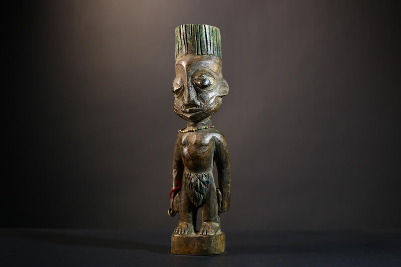 African Yoruba Twin Figure Art | Jewelry Adorned Oyo Sculpture | Ethnographic Decor | Unique Wooden Home Accent | Cultural Heritage-G4743