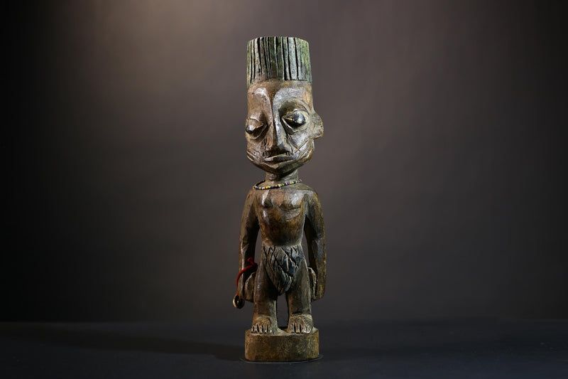 African Yoruba Twin Figure Art | Jewelry Adorned Oyo Sculpture | Ethnographic Decor | Unique Wooden Home Accent | Cultural Heritage-G4743