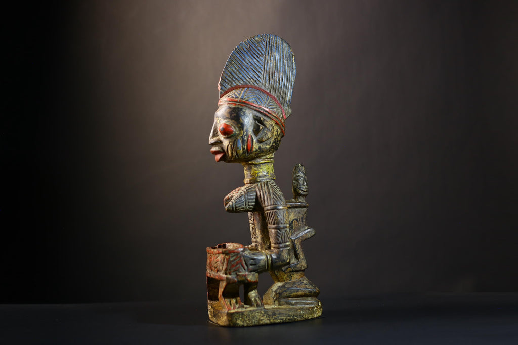 African Yoruba Wooden Maternity Figure | Ethnographic Art Bowl Sculpture | Unique Home Decor | Handcrafted Cultural Accent-G4741
