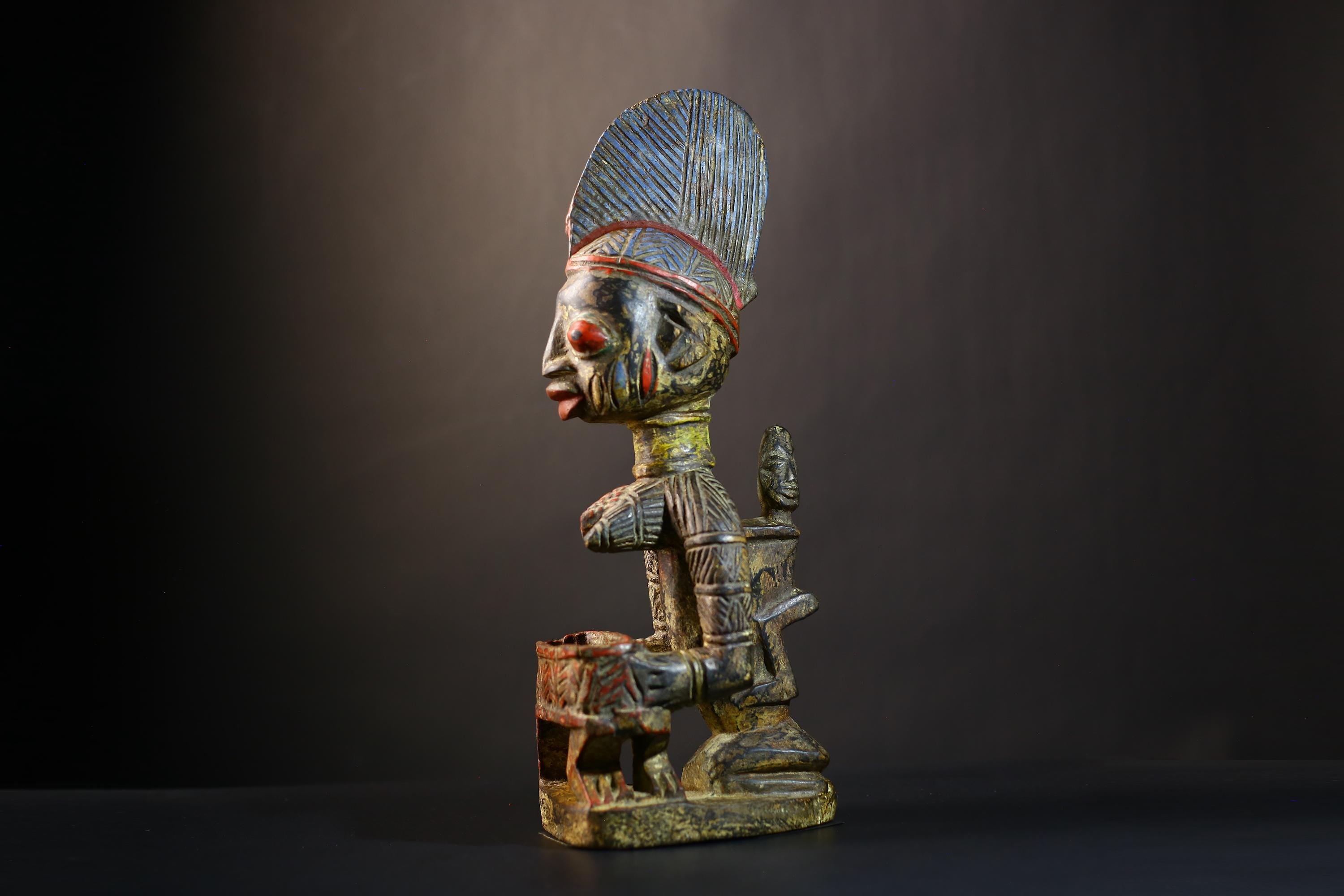 African Yoruba Wooden Maternity Figure | Ethnographic Art Bowl Sculpture | Unique Home Decor | Handcrafted Cultural Accent-G4741