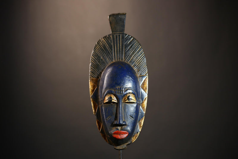 African Hand-Carved Guro Tribal Blue Mask Wooden Wall Art Vintage Decor-G4937