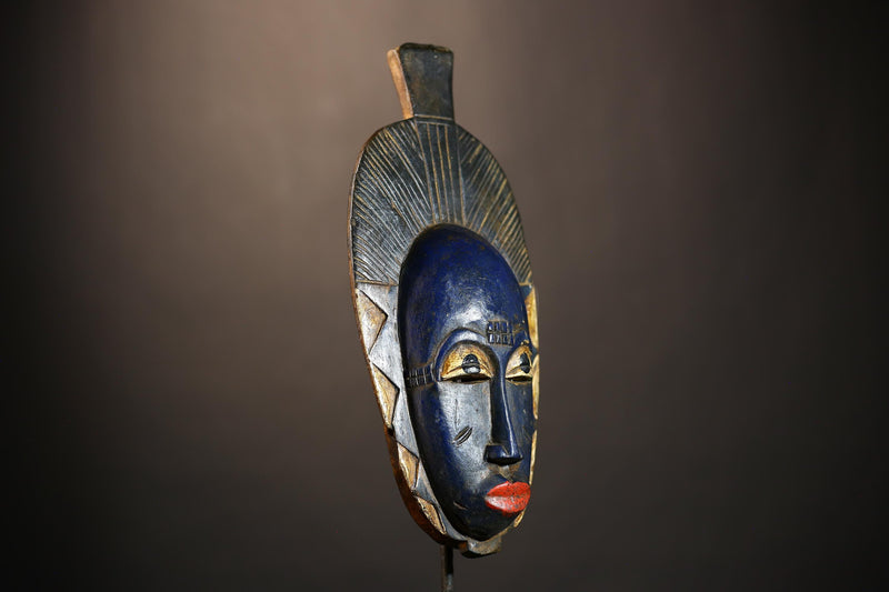 African Hand-Carved Guro Tribal Blue Mask Wooden Wall Art Vintage Decor-G4937
