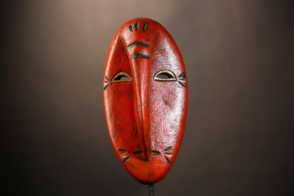 African Tribal Red Elephant Nose Mask | Unique Wooden Face Art Decor | Handcrafted Ethnic Wall Hanging | Vibrant Cultural Home Accent-G4953