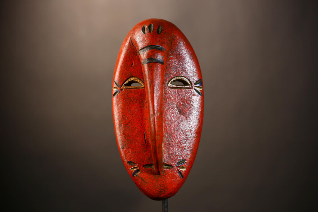 African Tribal Red Elephant Nose Mask | Unique Wooden Face Art Decor | Handcrafted Ethnic Wall Hanging | Vibrant Cultural Home Accent-G4953