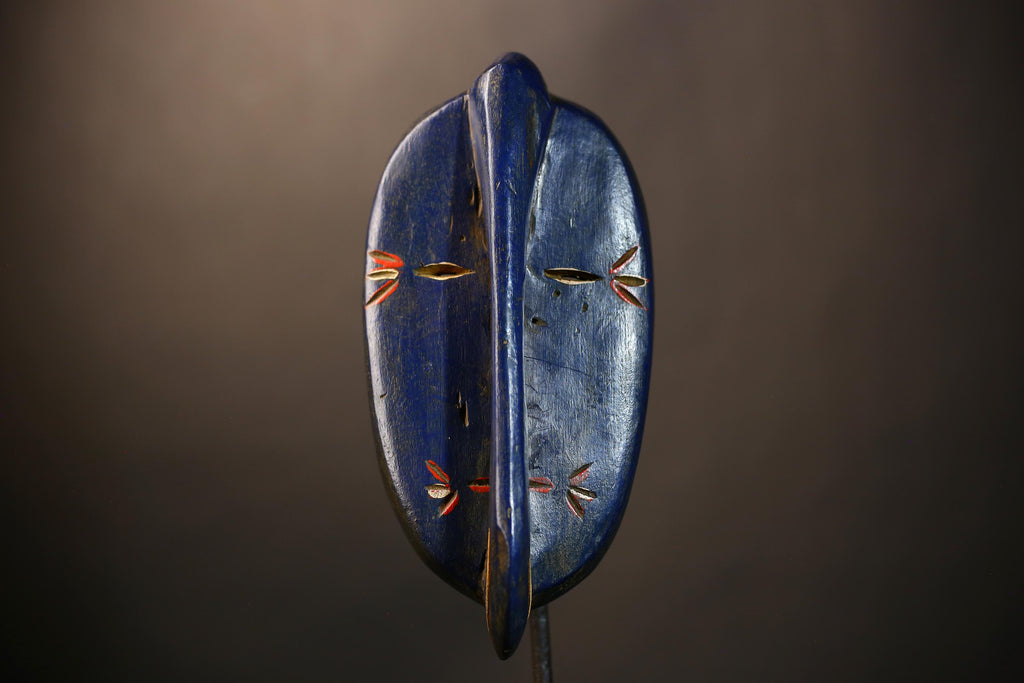 African Tribal Blue Elephant Nose Mask | Unique Wooden Face Art Decor | Handcrafted Ethnic Wall Art | Vibrant Cultural Home Accent  -G4952