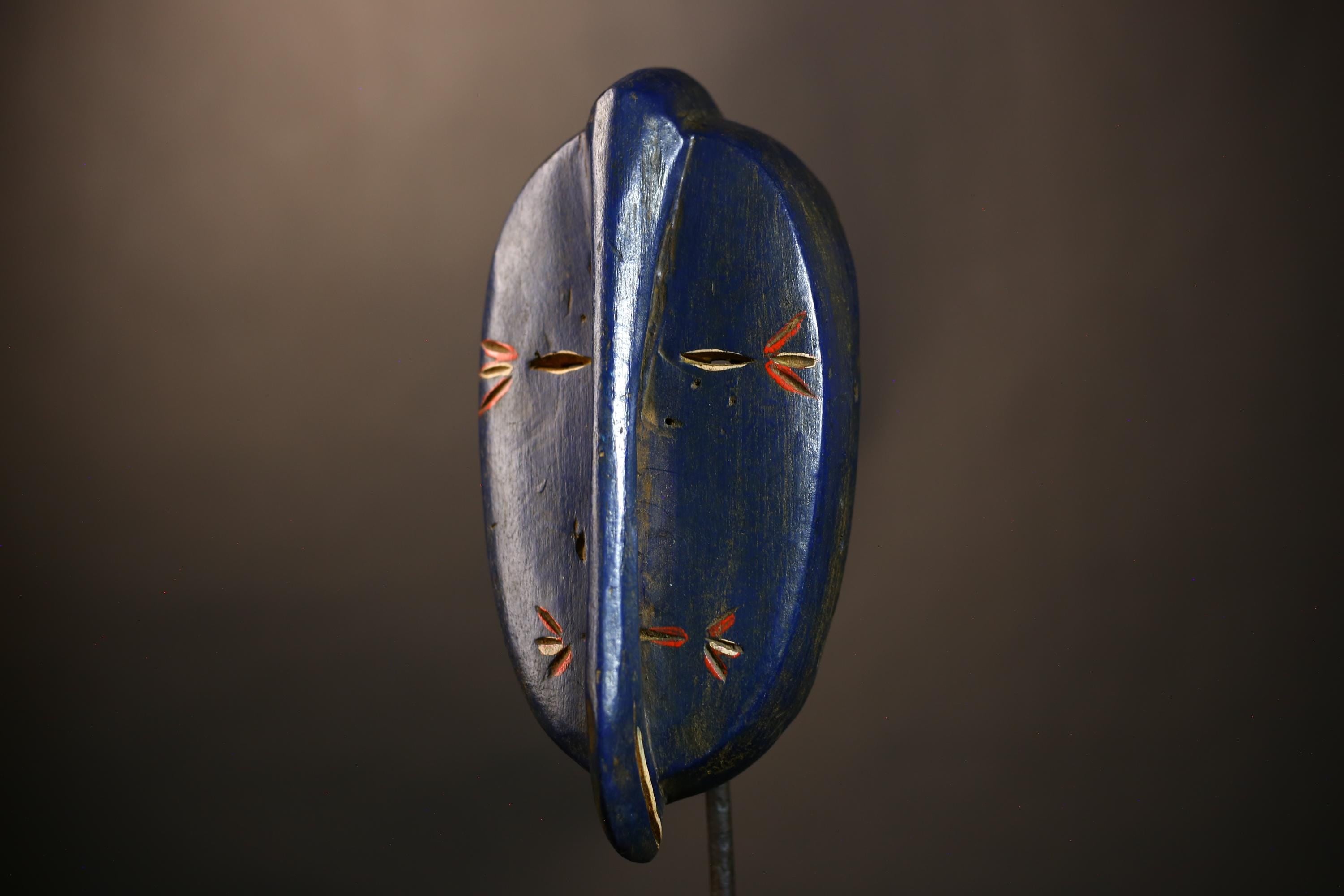 African Tribal Blue Elephant Nose Mask | Unique Wooden Face Art Decor | Handcrafted Ethnic Wall Art | Vibrant Cultural Home Accent  -G4952