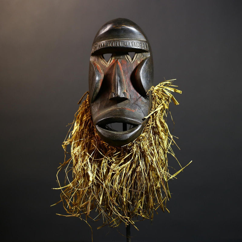 African Dan Style Raffia Mask | Handcrafted Tribal Art Sculpture | Unique Ceremonial Decor | Authentic Wall Hanging Accent Gift-G4793