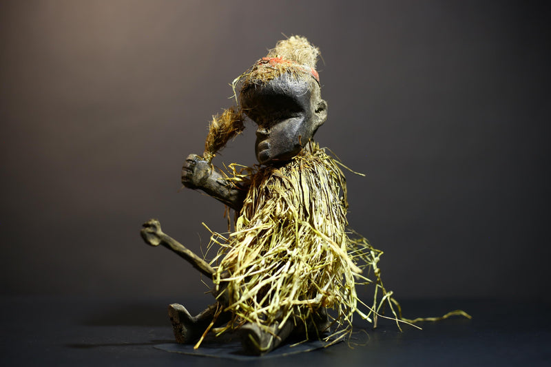 African Raffia Skirt Statue | Handmade Yaka Fetish Art Figure | Unique Voodoo Decor | Cultural Home Accent | Artisan Craft Display-G4803