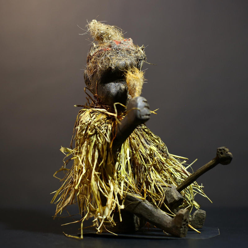 African Raffia Skirt Statue | Handmade Yaka Fetish Art Figure | Unique Voodoo Decor | Cultural Home Accent | Artisan Craft Display-G4803