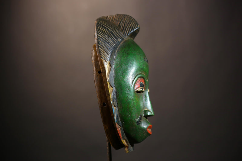 African Mask - Green Baule Decor | Unique Cultural Style Wall Art Sculpture | Handmade Tribal Home Accent Piece-G4970