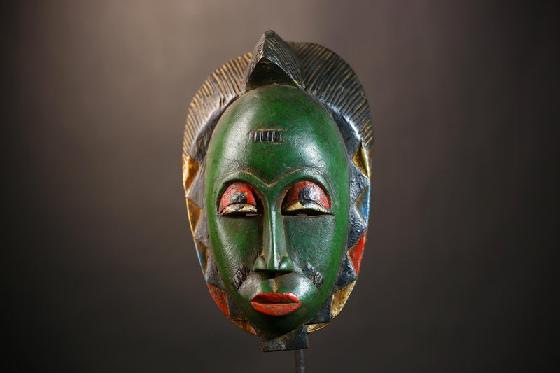 African Mask - Green Baule Decor | Unique Cultural Style Wall Art Sculpture | Handmade Tribal Home Accent Piece-G4970