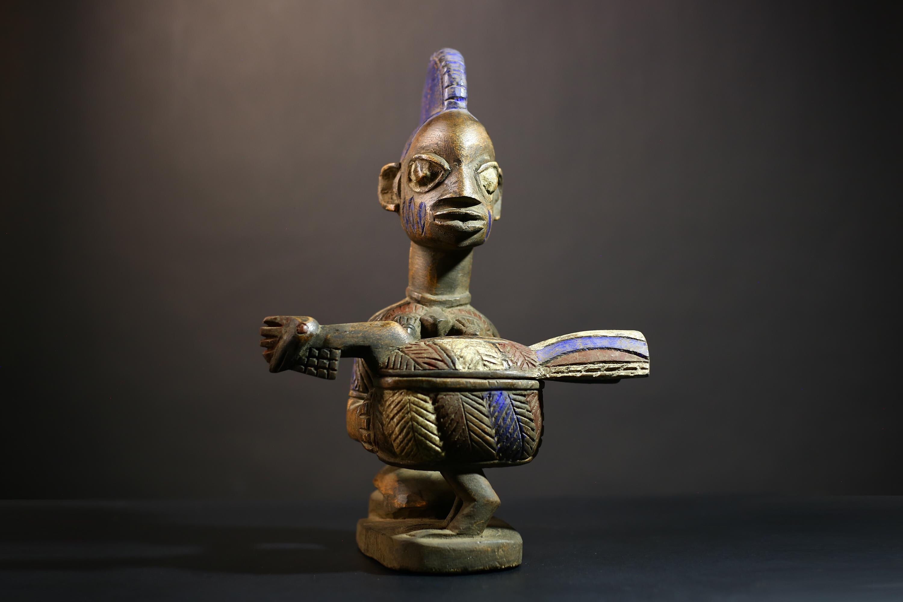 African Vintage Antique Art | Yoruba Peoples Figure | Olumeye Offering Bowl | Unique Cultural Decor Piece-G4985