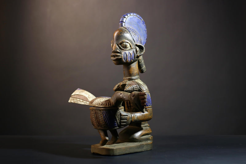 African Vintage Antique Carved Wood Figure | Traditional Art Lady with Dish | Unique Home Decor | Handcrafted Cultural Collectible-G4994