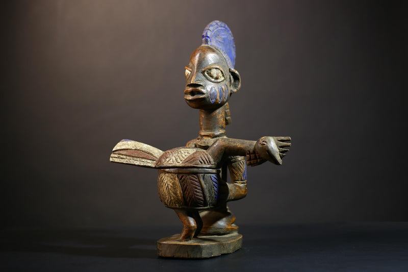 African Vintage Antique Wood Figure | Traditional Carved Art | Elegant Lady with Dish | Unique Home Decor | Collectible Sculpture-G4990