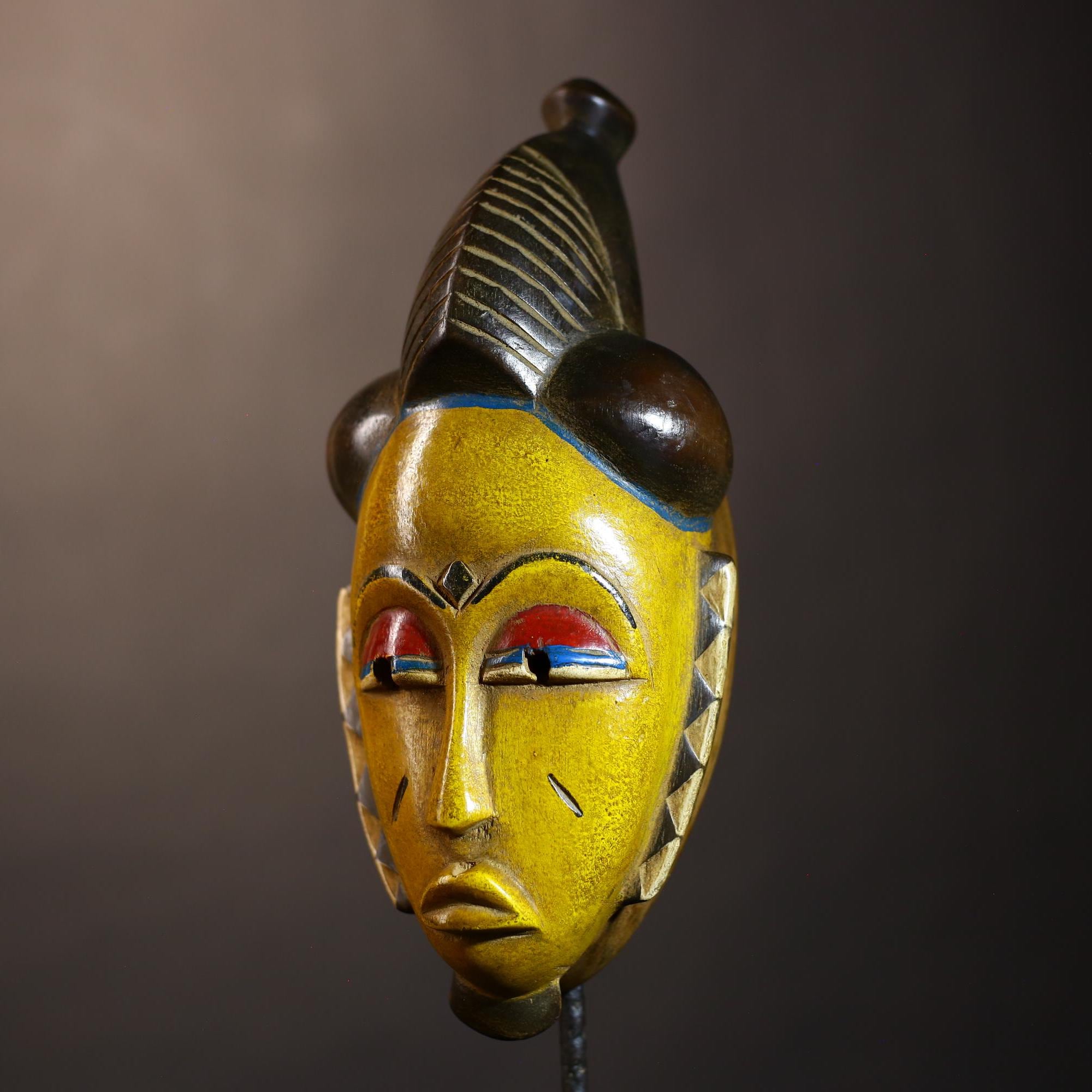 African Vintage Baule Guro Mask | Unique Yellow Wooden Wall Art Decor | Ethnic Home Accent | Collectible Tribal Decor-G5018
