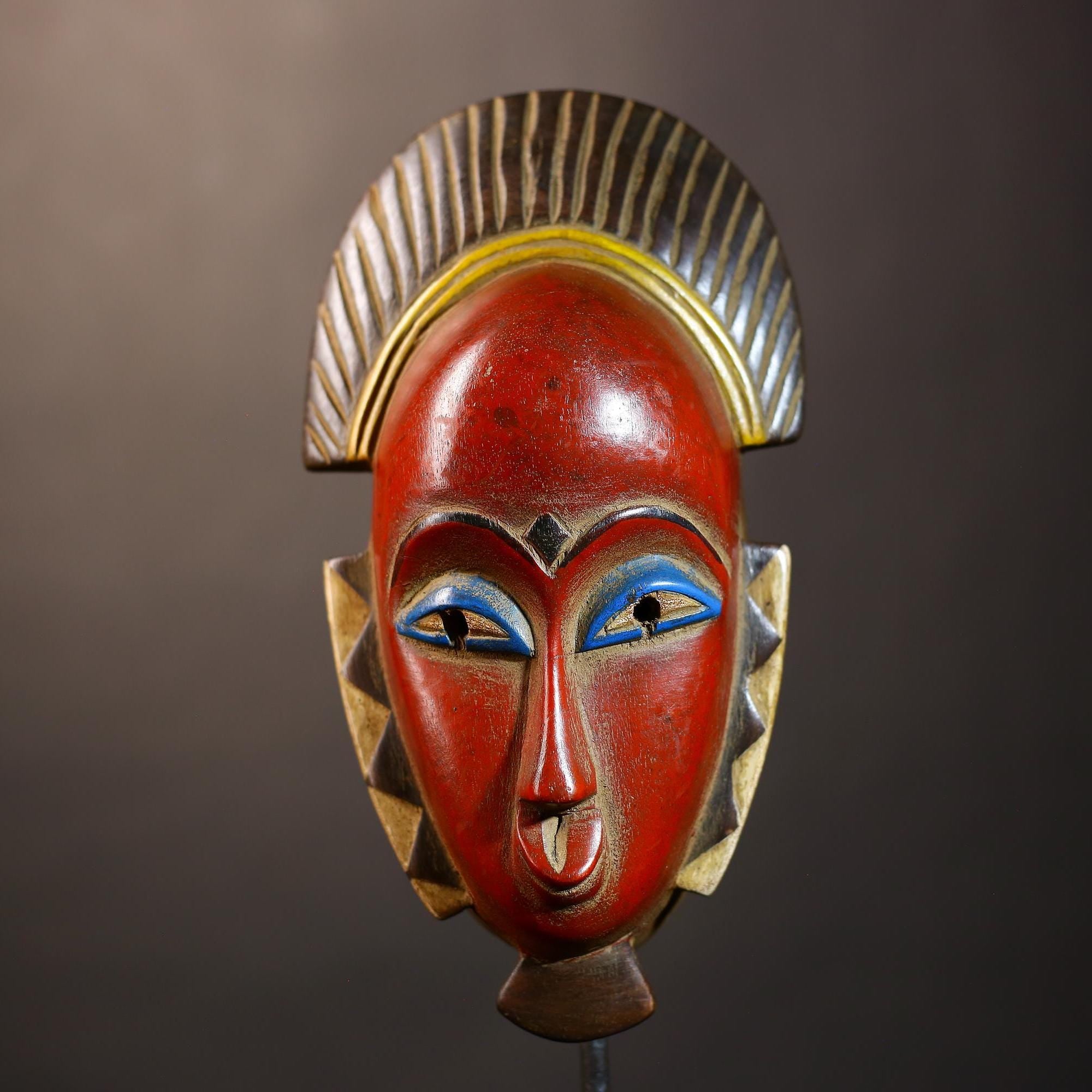 African Vintage Mask | Unique Baule Guro Red Wooden Wall Art Decor Display | Cultural Accent for Home | Collectible Tribal Art-G5016