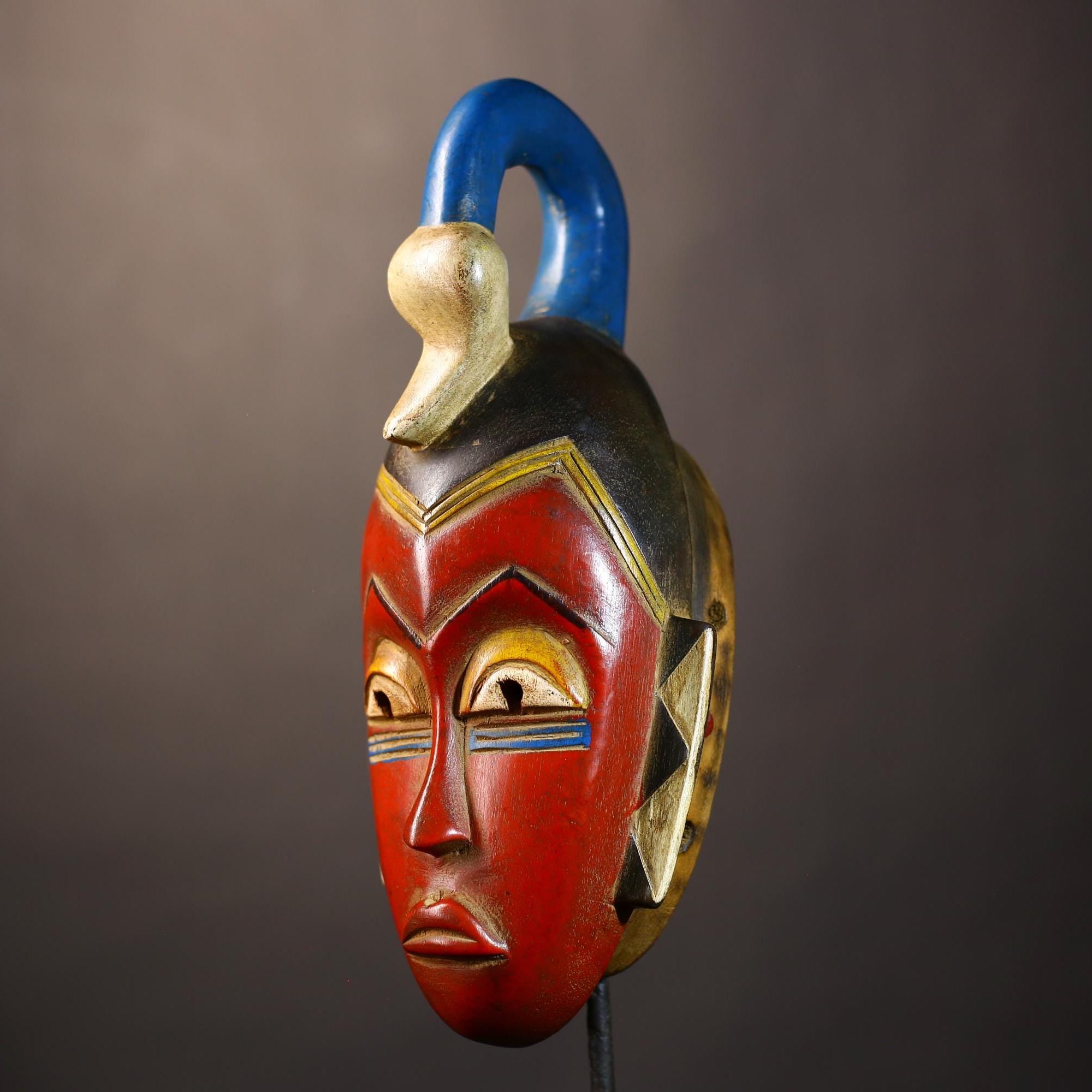African Unique Baule Guro Mask | Orange Wooden Wall Art Decor for Display | Cultural Accent for Home | Artisan Craftsmanship-G5015