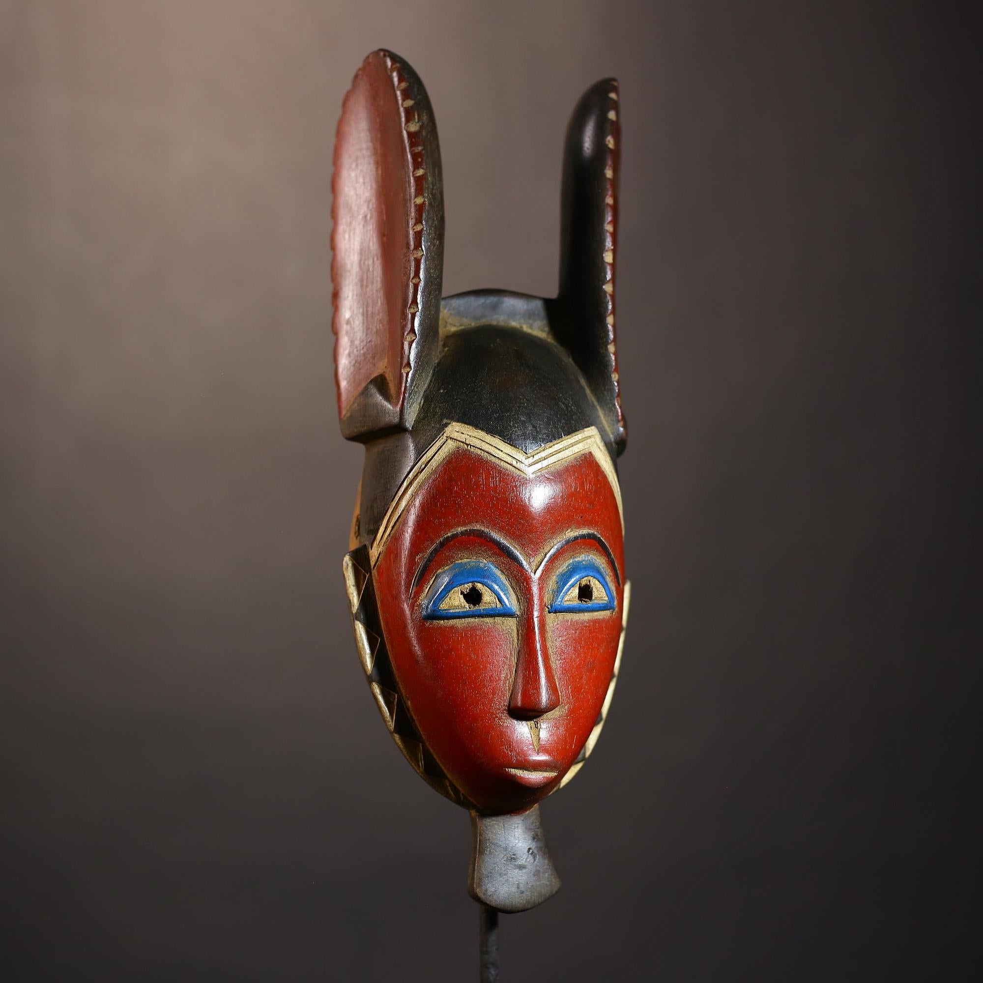 African Vintage Guro Mask Red with Rabbit Ears Unique Hand-Carved Wall Decor Art | Tribal Decor | Folk Art | Home Decor-G5045